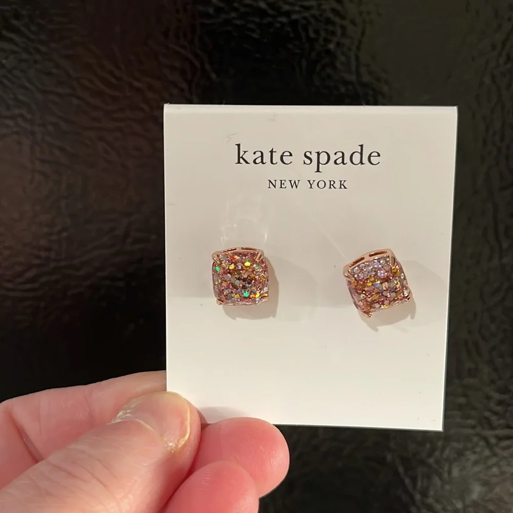 kate spade Rose Gold Glitter Crystal Square Stud Earrings / NWT - Picture 6 of 7